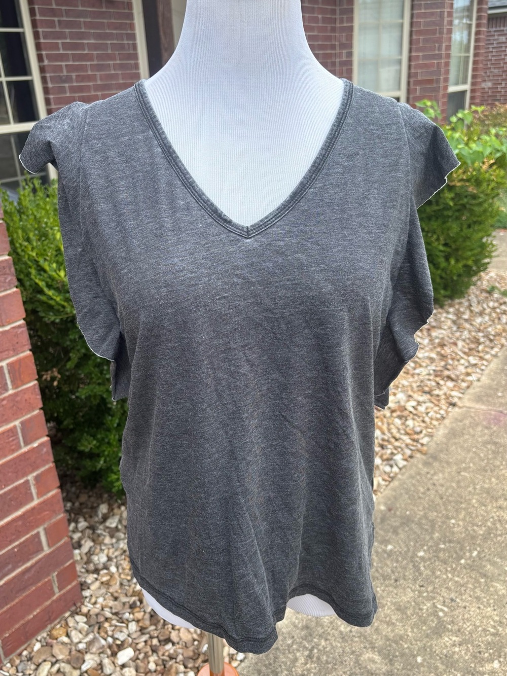 Time and Tru Charcoal Gray V-Neck Ruffle Sleeve Top